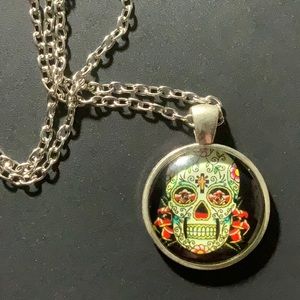Silver Cabochon Necklace - Sugar Skull